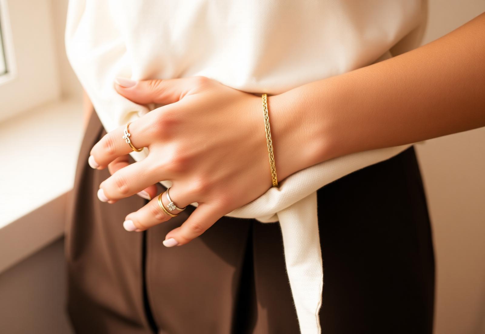 Woman wearing stacked gold rings and bracelet